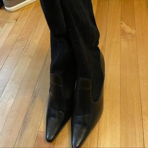 Black mixed fabric wide calf boots